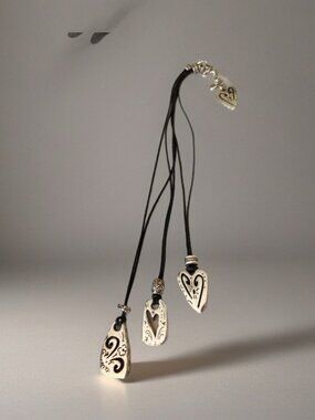 Brighton Silver Tone Triple Strand Hearts Pendants Black Cord Necklace 18”. May